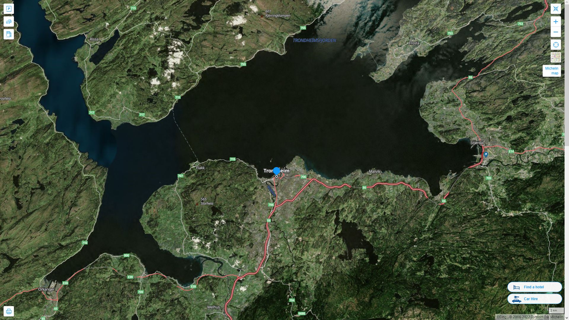 Trondheim Norvege Autoroute et carte routiere avec vue satellite